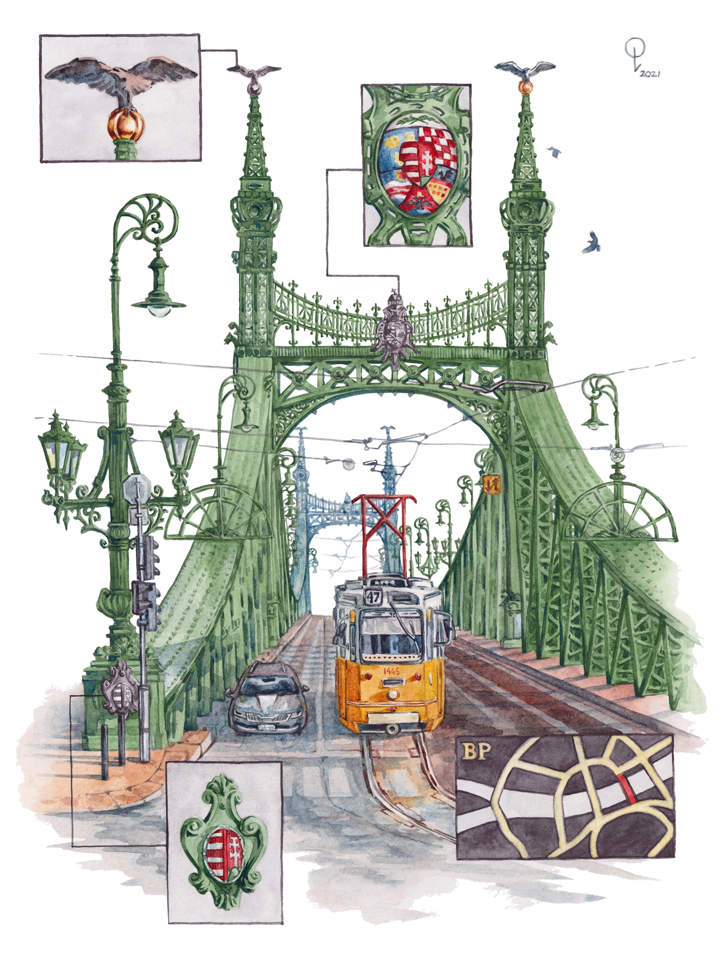 Watercolor (watercolour) painting of Liberty bridge in Budapest.